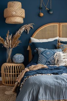 a bedroom with blue walls, wicker headboard and rattan bedding in the foreground