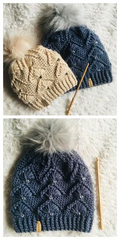 two knitted hats with pom poms, one in blue and one in beige