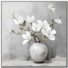 a painting of white flowers in a vase on a table next to a gray wall