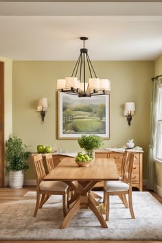 Modern dining room with a wooden table, chairs, and a chandelier. Green apples and plants add a touch of nature. Installing Wainscoting, Dining Room Design Ideas, Accent Ceiling, Built In Banquette, Chic Dining Room, Stylish Dining Room, Interior Architecture Drawing, Farmhouse Style Table, Minimalist Dining Room