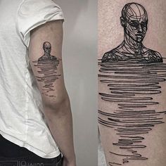 a man with a tattoo on his arm next to an image of a person in the water