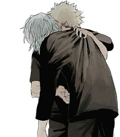 two anime characters hugging each other with their backs to one another, while the background is black and white