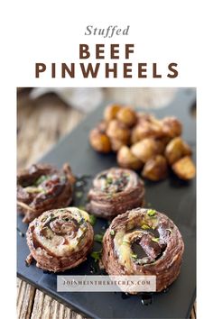 stuffed beef pinwheels on a black plate with text overlay