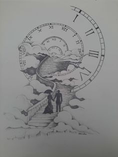 a drawing of a man and woman standing in front of a clock on a stairway