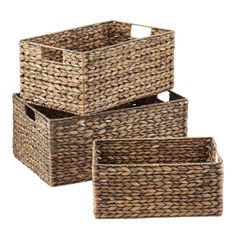 three woven baskets stacked on top of each other, one is empty and the other has two