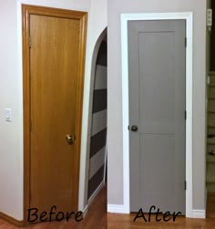 before and after pictures of a door in an empty room, with the bottom half painted gray