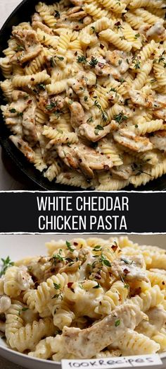 chicken pasta with white cheddar sauce in a skillet and on the side