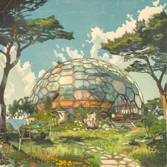 a painting of a glass dome surrounded by trees