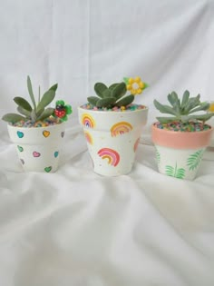 three potted plants sitting on top of a white cloth covered tablecloth with rainbow designs