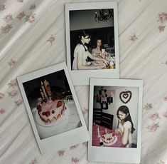 three polaroid photos of two women and a cake on a bed with pink flowers