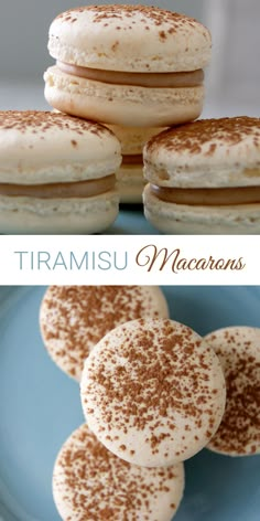 there are three different types of macaroons on the plate and one is white with brown sprinkles