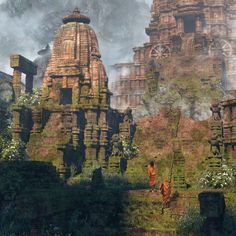 an artist's rendering of a temple in the jungle