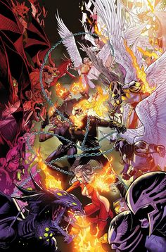 an image of the avengers and other characters in front of a fire filled background with flames