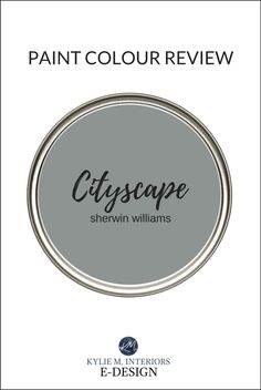 the logo for cityscape in grey and white with text that reads paint color review