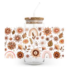 Brown Boho Florals 20oz Libbey Glass Can, 34oz Hip Sip, 40oz Tumbler UV DTF or Sublimation Decal Transfer - Weefers Boho Florals, Glassware Design, Libbey Glass Can, Cup Designs, Dtf Printing, 40oz Tumbler, Cup Wrap, Transfer Tape, Uv Dtf