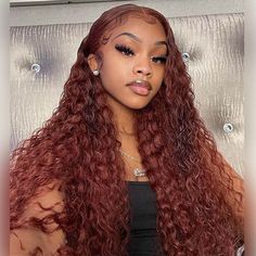 Reddish Brown Water Wave 6x5 13x4 HD Lace Full Frontal Wig Copper Color Glueless Human Hair Wig Bleached Hairline, Wigs Colorful, Dark Auburn Hair Color, Dark Auburn Hair, Curly Lace Frontal, Wig Styling, Glueless Wigs, Hair Color Auburn, Glueless Wig