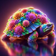 a colorful turtle with flowers on it's shell is reflected in the dark water