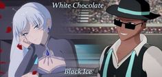 two anime characters one with white hair and the other black