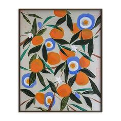 a painting with oranges and blue flowers on it