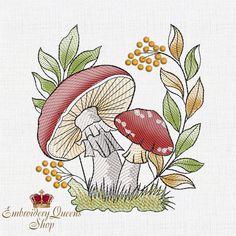 a cross stitch pattern with mushrooms and leaves