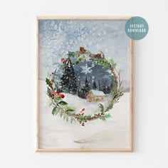 a watercolor painting of a winter scene with holly wreaths and a cabin in the background