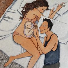 a drawing of a man and woman in bed with a baby on their lap,