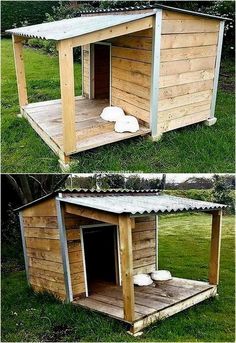 two pictures of a dog house made out of wood