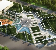 an artist's rendering of a park with a swimming pool in the center and lots of trees around it