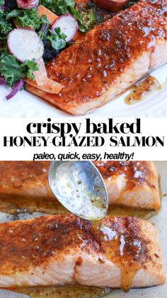 the salmon is being drizzled with honey - glazed sauce and served with salad