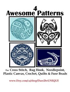 four different designs in blue and white with the text awesome patterns for cross stitch, rug hook, needlepoint, plastic canvass, crochet