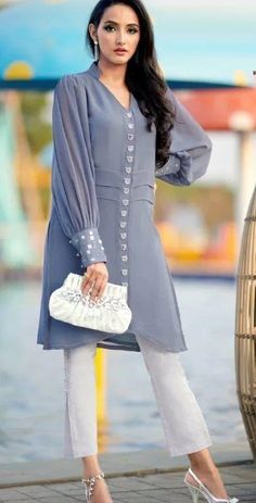 Georgette Work Kurtis, Full Selves Designs For Kurtis, Full Embroidery Kurti Design, New Style Kurti Design 2020, Jorjet Kurti Designs Latest, New Kurti Designs 2020 Latest, Disiner Kurti Latest, Modern Kurti Design Style, Hand Work Kurti Designs Latest