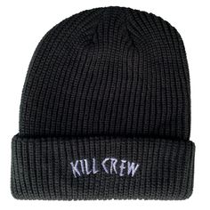 Classic knit fold up beanie Embroidered Kill Crew 100% acrylic Approximate length 11.5" inches (un-cuffed) Black Beanie Cap, One Size Fits Most, Black One Size Fits Most Beanie Cap, Black Cotton Beanie Cap, Adjustable Black Beanie For Streetwear, Black Cotton Beanie, Adjustable Black Beanie, Black Cotton Beanie, One Size, Kill Crew, Cuffed Beanie