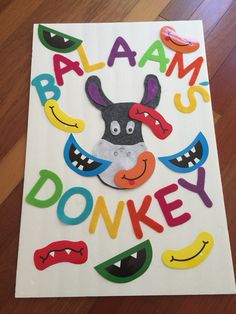 a piece of paper that has been made to look like an animal with the words'blam donkey'on it