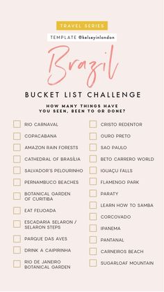 a travel checklist with the words brazil in pink and gold on it