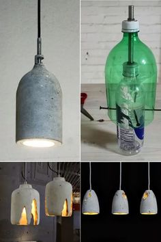 four different types of hanging lights made out of concrete and plastic bottles are shown in this collage