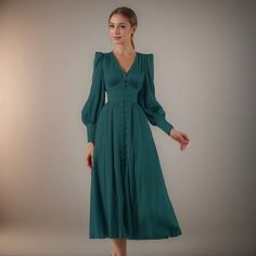 Elegant Tea Dress with Adjustable Waist and Sash Details Vestidos Retro, Evening Gowns With Sleeves, Formal Dresses With Sleeves, Womens Long Dresses, Silk Dress Long, Prom Dress Shopping, Winter Outfits Men, Silk Maxi Dress, Daily Dress