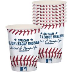 baseball paper cups with red and white stitches on them