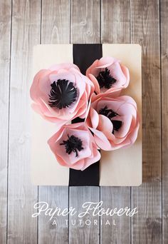 three pink flowers sitting on top of a piece of paper next to a black ribbon