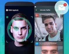 three people are shown on their cell phones, one is wearing a facial recognition device