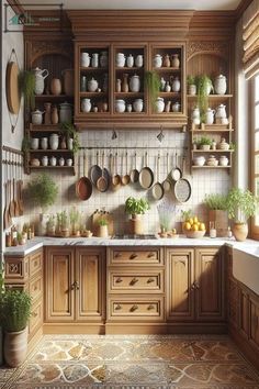 a kitchen filled with lots of pots and pans on top of wooden cabinets next to a window