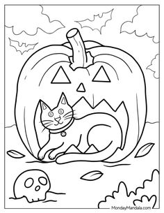 a black and white halloween coloring page with a cat sitting in front of a jack - o'- lantern