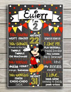 a mickey mouse birthday party poster with the names and numbers for each child's first birthday