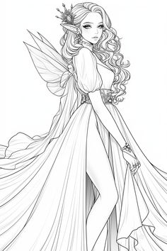 a fairy coloring page with a girl dressed in a dress and holding her hand on her hip