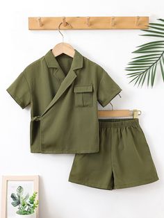 Verde militar Casual Collar manga corta  Liso  Embellished No-Elástico  Ropa para Niños Pequeños Kid Boy Outfits, Wrap Front Top, Kids Garments