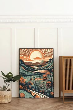 a painting on the wall next to a potted plant and a wooden chair in front of it