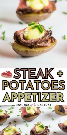 steak and potatoes appetizer is shown with the title