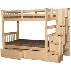 a wooden bunk bed with stairs and drawers on the bottom level, in front of a white background