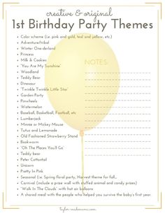 a birthday party menu with a yellow balloon on the top and words below it that read,'1st birthday party themes '