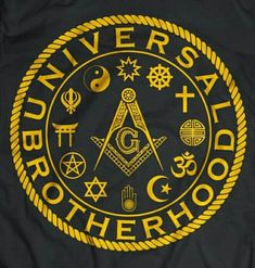 a black and yellow t - shirt with an all seeing symbol in the center, surrounded by other symbols