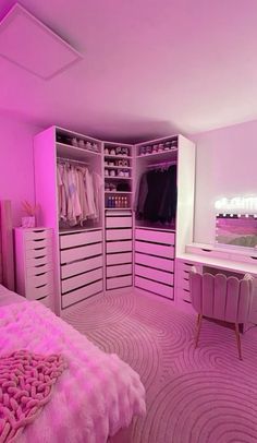 a bedroom with pink lighting and white furniture